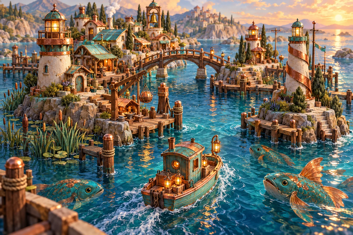 A handcrafted copper harbour with a turquoise courier boat and copper-finned fish