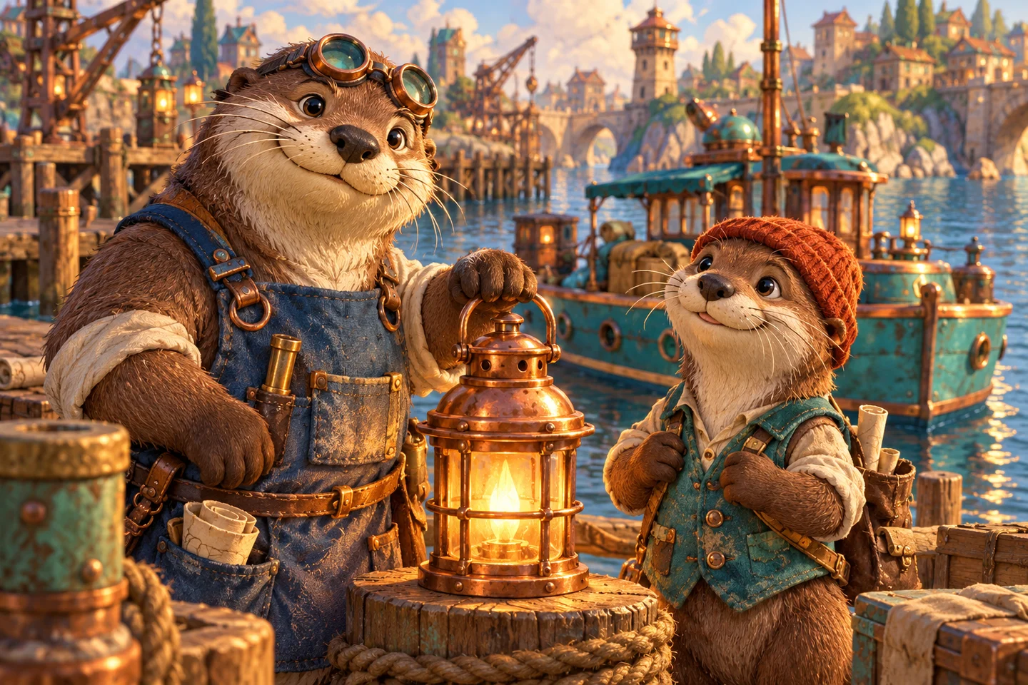 Two illustrated otter couriers stand beside a glowing copper lantern