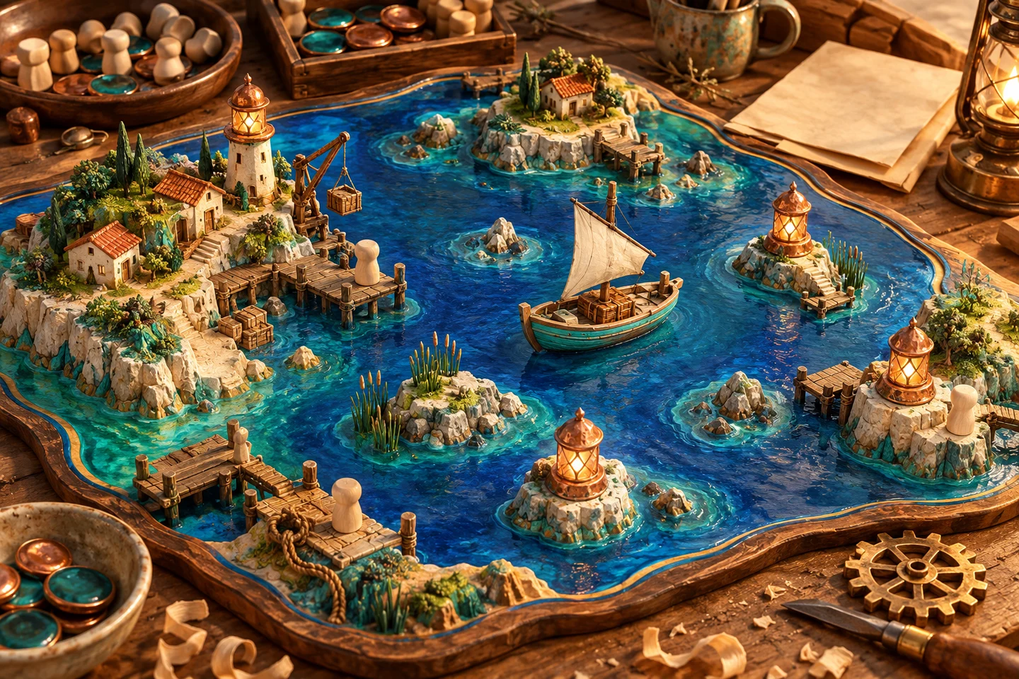 A richly textured wooden harbour board and miniature courier boat on a workshop table