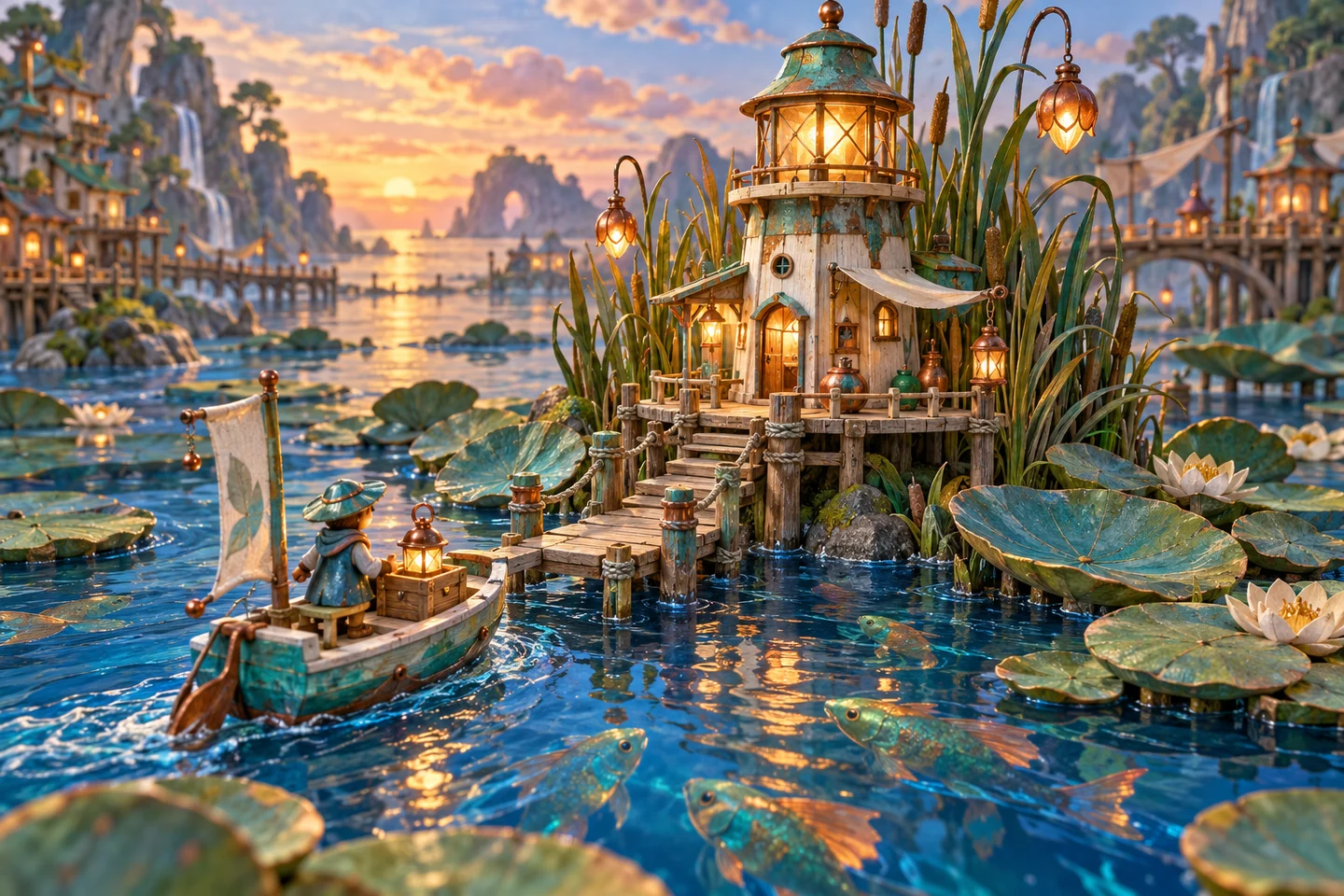 Reed Lantern rises on timber stilts among enormous lily leaves
