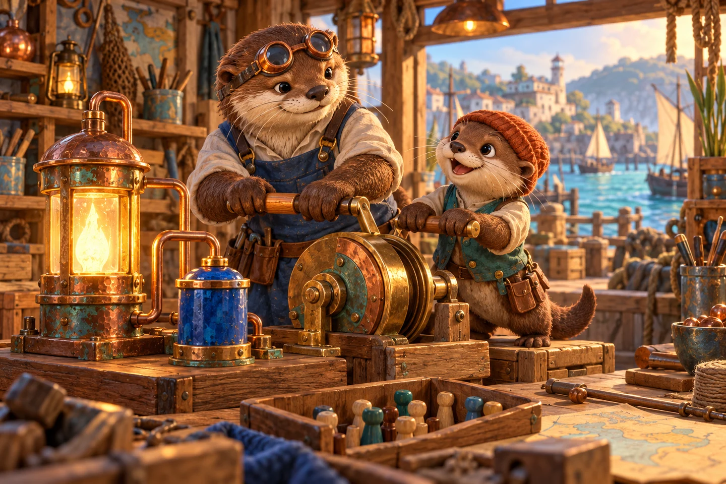 Two otter couriers turn a workshop crank beside a copper lantern