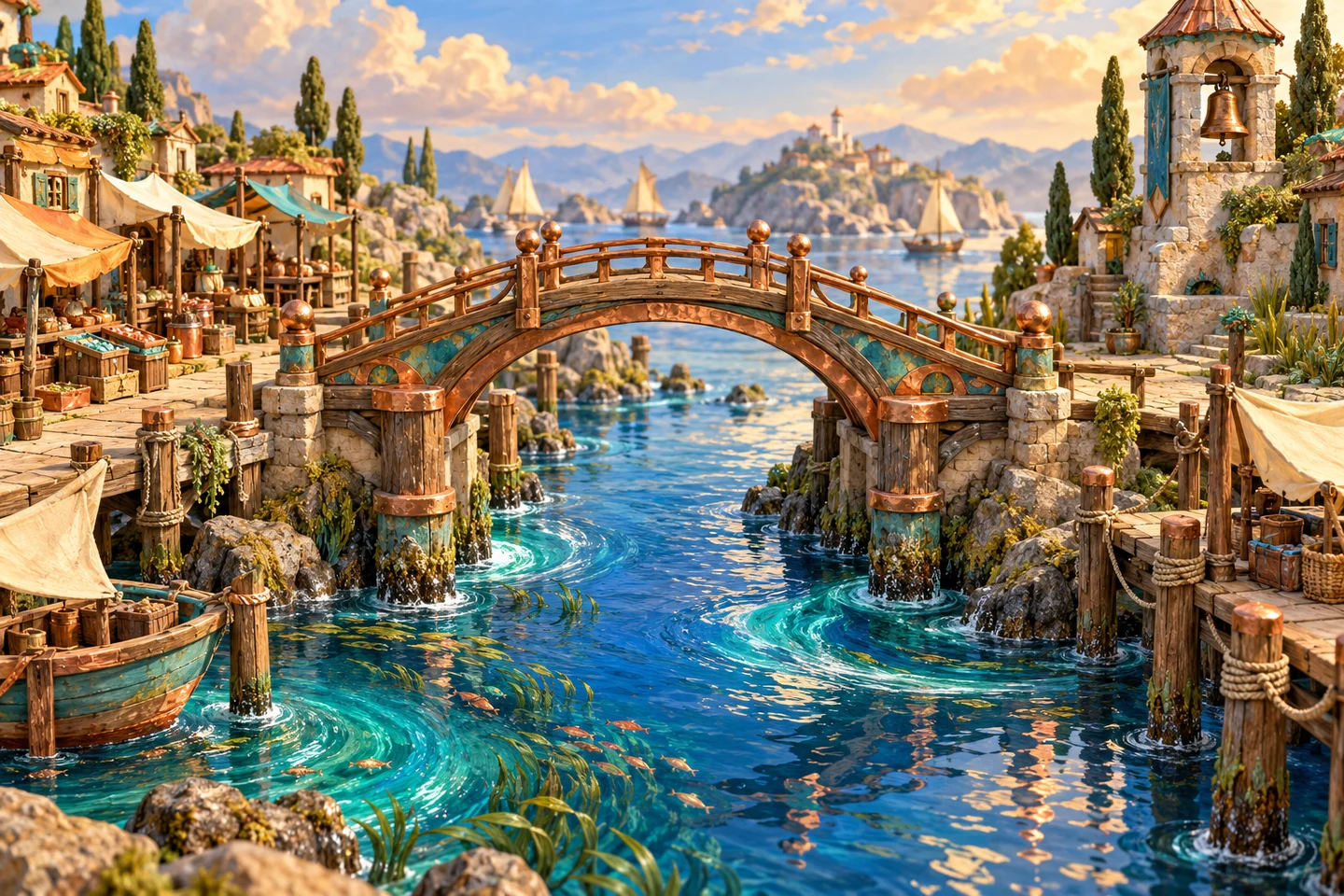 An arched copper bridge crosses swirling blue water between the market and bell tower