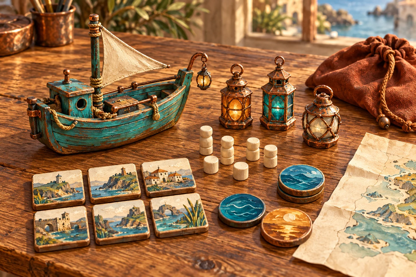 Carved boat, lanterns, wooden pegs and watch tiles arranged on a tabletop