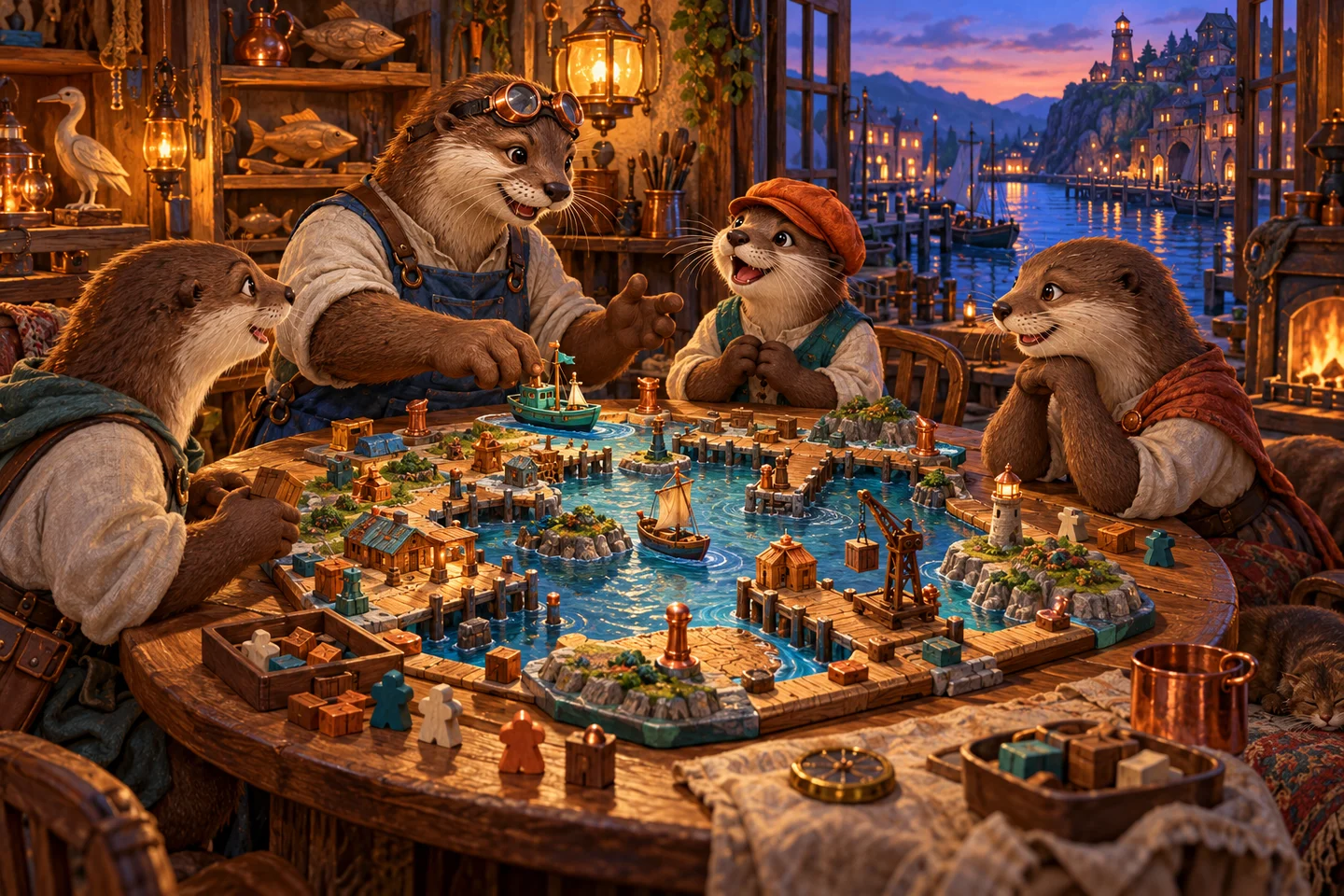 Four illustrated otters discuss a harbour game around a warm workshop table